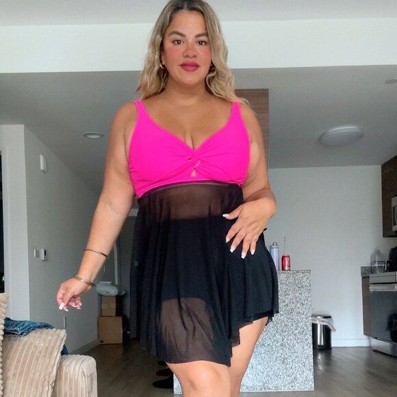 Women's Plus Size Swimsuits Tummy Control Bathing Suits Flowy Mesh Swim Dress - Picture 4 of 12